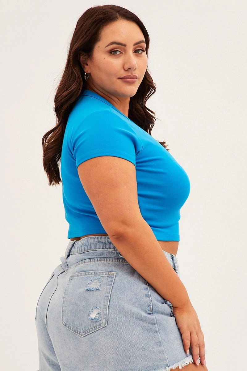 Round neck simplicity Blue Crew Neck Short Sleeve Crop Top