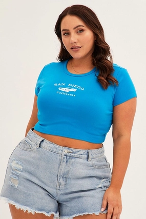 Lightweight Look Blue Crew Neck Short Sleeve Crop Top