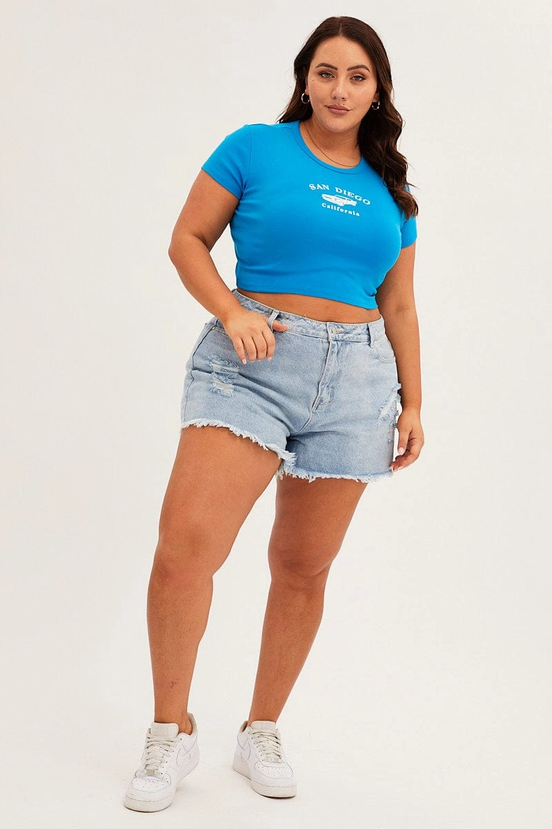 Crew Neck Design Blue Crew Neck Short Sleeve Crop Top