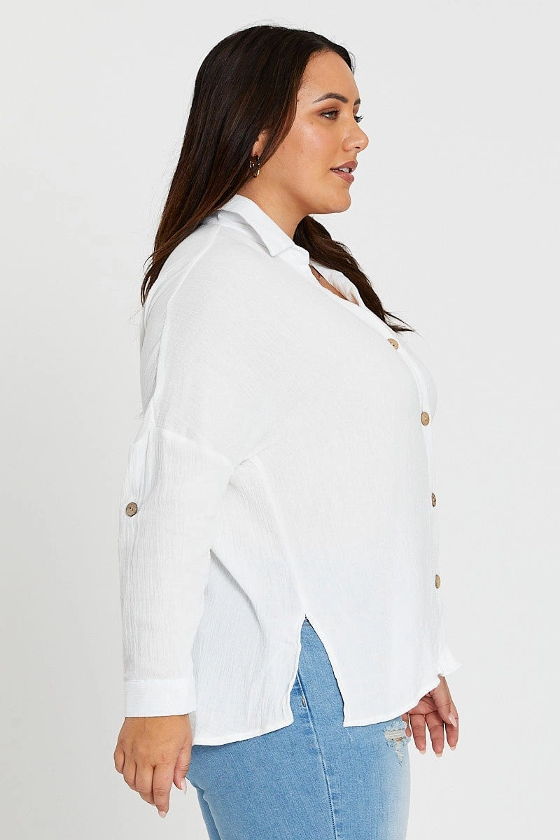 ethical fashion Versatile Layer White Long Sleeve Cotton Crush Shirt