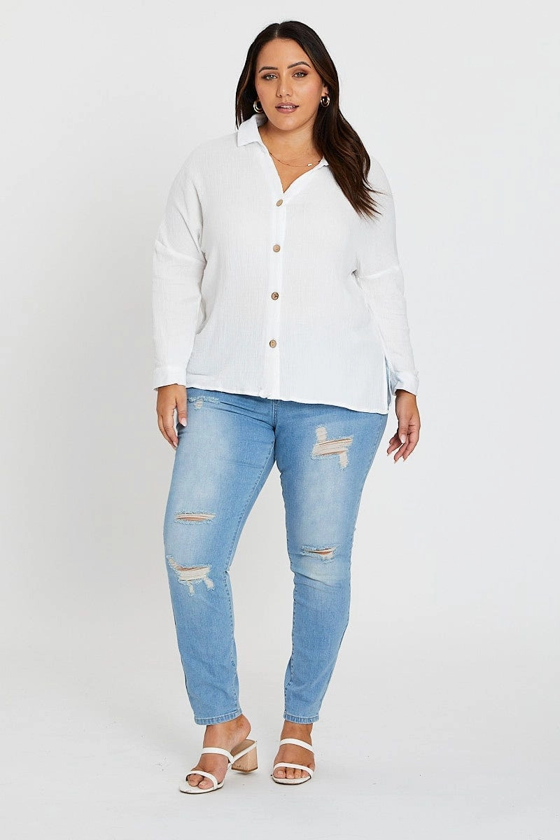 Multi Pocket Utility Soft Touch Fabric White Long Sleeve Cotton Crush Shirt