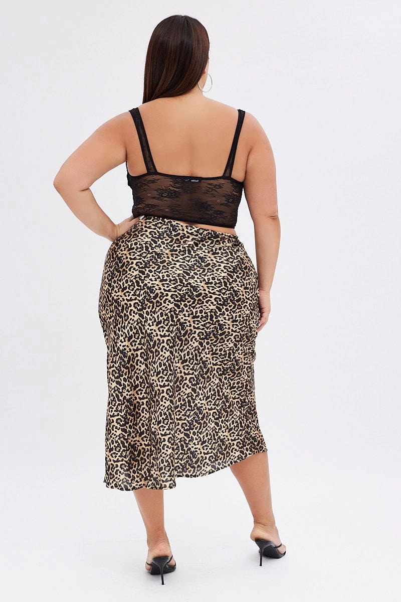 Laser Cut Edges Multi Animal Print Satin Skirt Leopard Split Midi