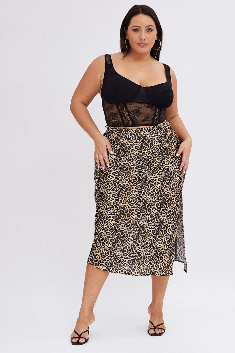 Gentle Wear Multi Animal Print Satin Skirt Leopard Split Midi