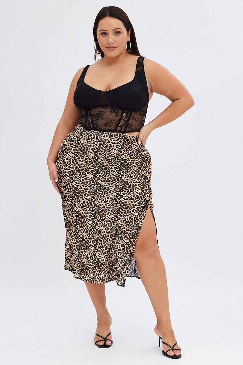 Multi Animal Print Satin Skirt Leopard Split Midi Cozy Movement Unique Feature
