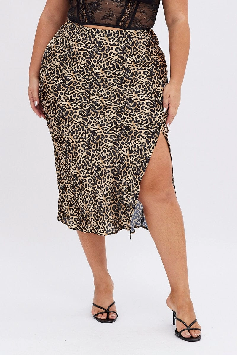 Multi Animal Print Satin Skirt Leopard Split Midi Hypoallergenic fabric
