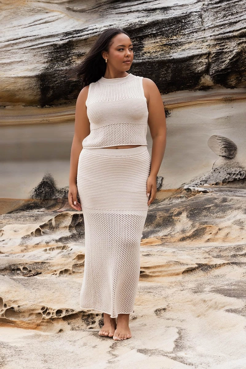 Beige Crochet Maxiskirt Shirred Back