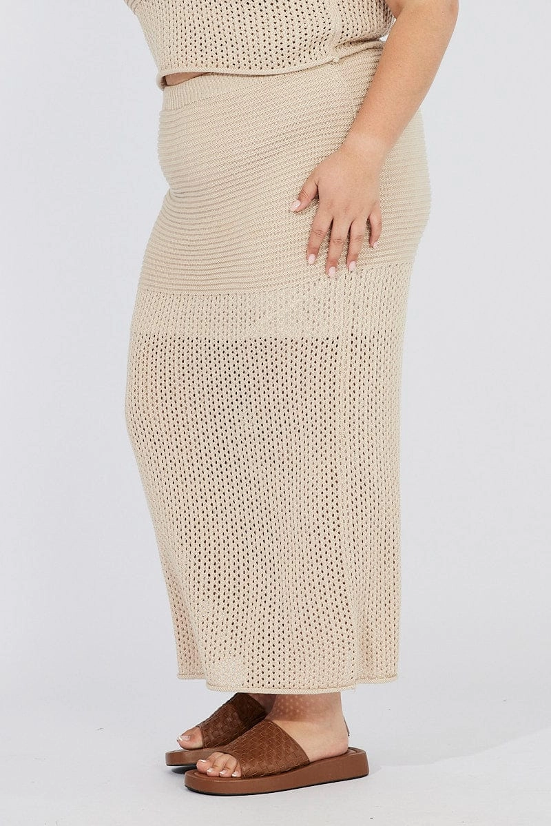 Leather Look Breathable Material Beige Crochet Maxiskirt
