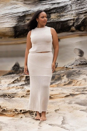 Beige Crochet Maxiskirt Shirred Back