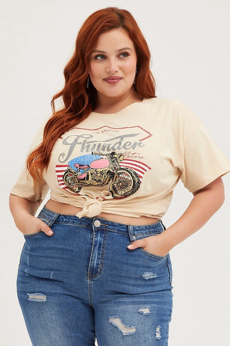 Beige Graphic T-shirt Thunder Motor Short Sleeve Cotton Casual Active Wear Relaxed Fit Design