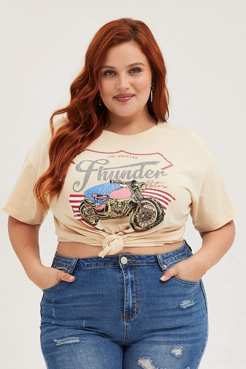 Beige Graphic T-shirt Thunder Motor Short Sleeve Cotton Effortless Vibe Breathable Fit Design