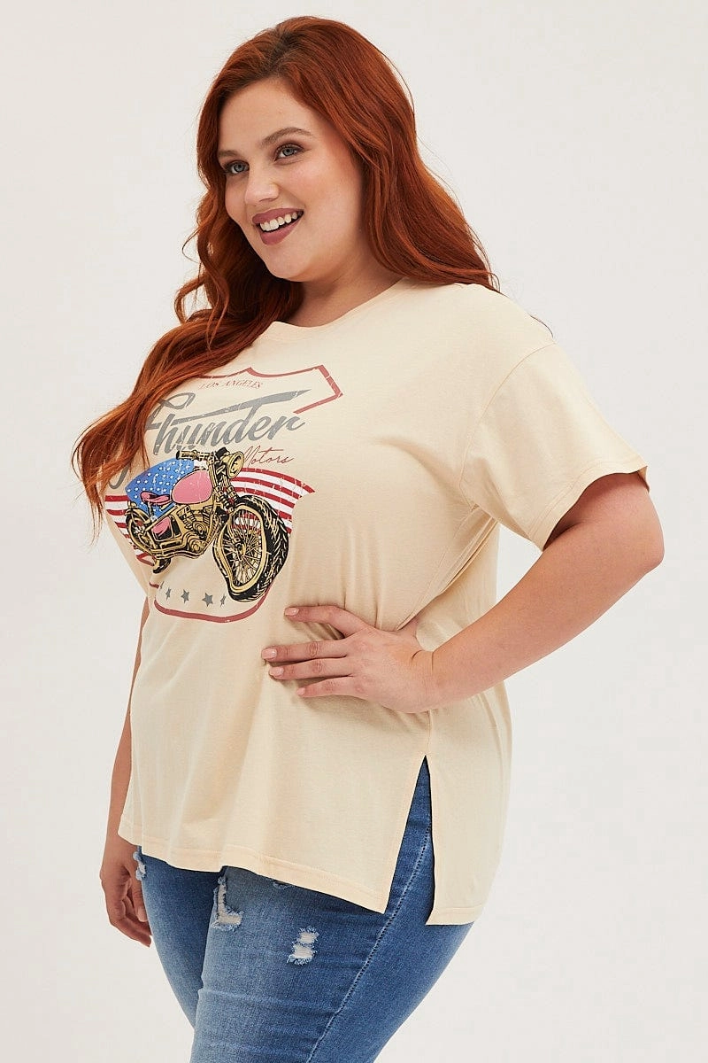 Urban Look Light Stretch Beige Graphic T-shirt Thunder Motor Short Sleeve Cotton