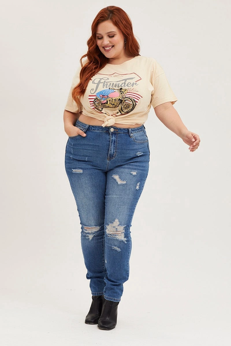 Quick Layer Relaxed Comfort Wear Beige Graphic T-shirt Thunder Motor Short Sleeve Cotton