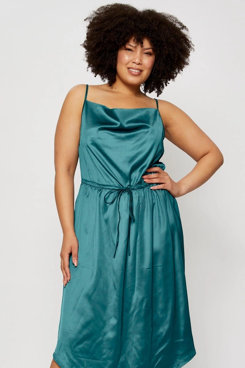 Lounge Mode Blue Midi Satin Dress Cowl Neck Sleeveless