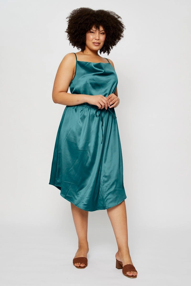 Date-Night Blue Midi Satin Dress Cowl Neck Sleeveless