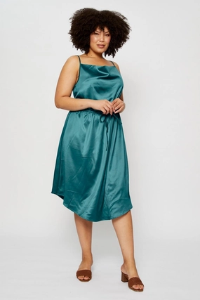 Date-Night Blue Midi Satin Dress Cowl Neck Sleeveless