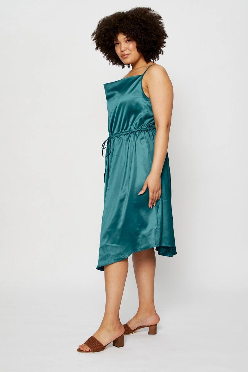 Blue Midi Satin Dress Cowl Neck Sleeveless Cool Season Urban appeal