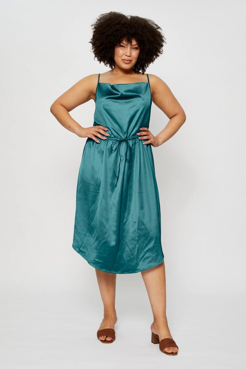 Blue Midi Satin Dress Cowl Neck Sleeveless Fluid Fabric Summer Wardrobe