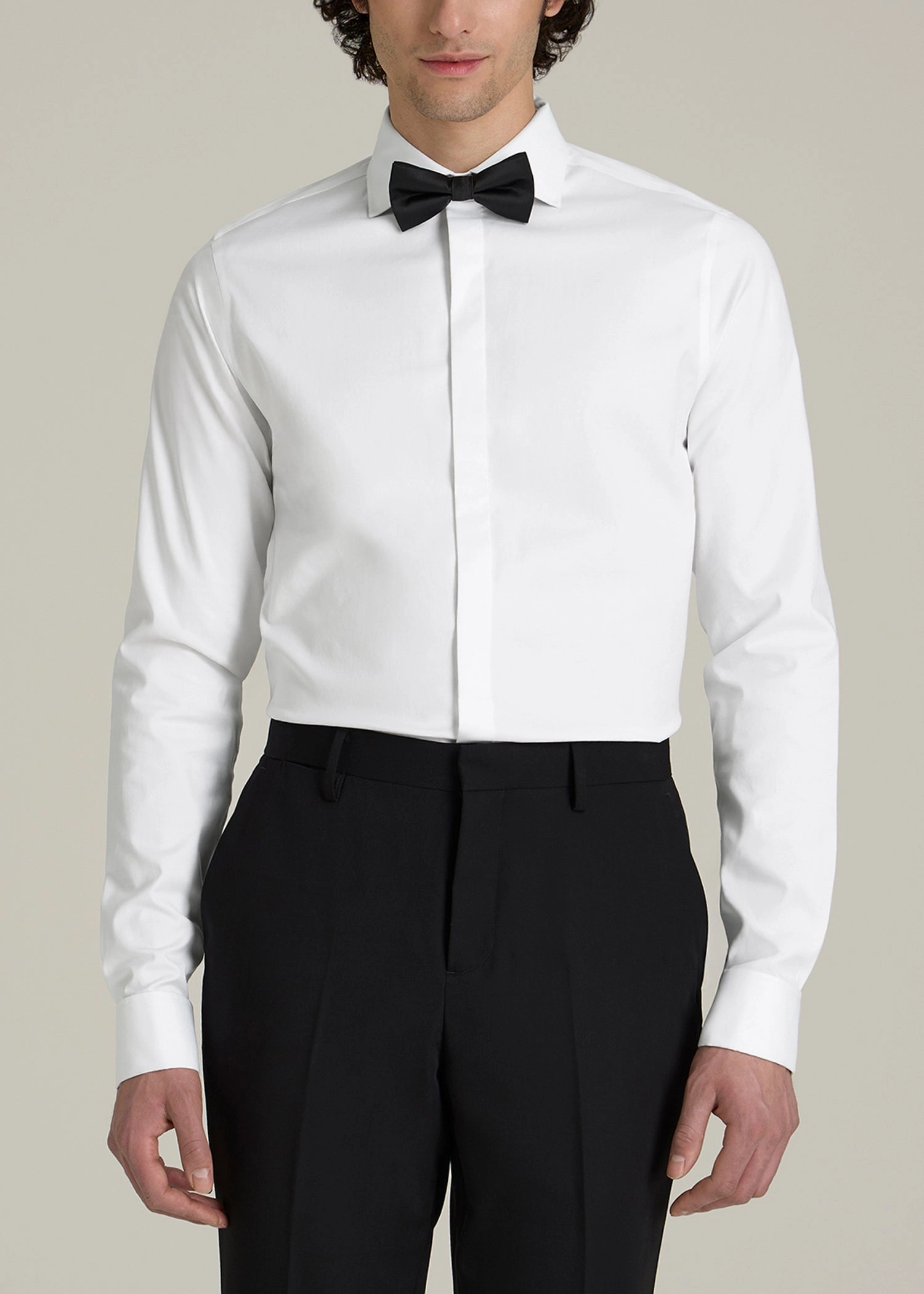 Tuxedo Shirt for Tall Men in White DoubleStitched Hem Quick Dry Performance
