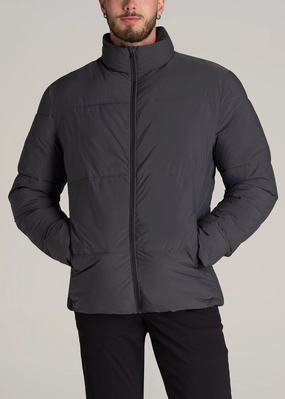 Comfort Stretch Fabric Glow In Dark Accents Stand Collar Puffer Coat Jacket for Tall Men in Iron Grey