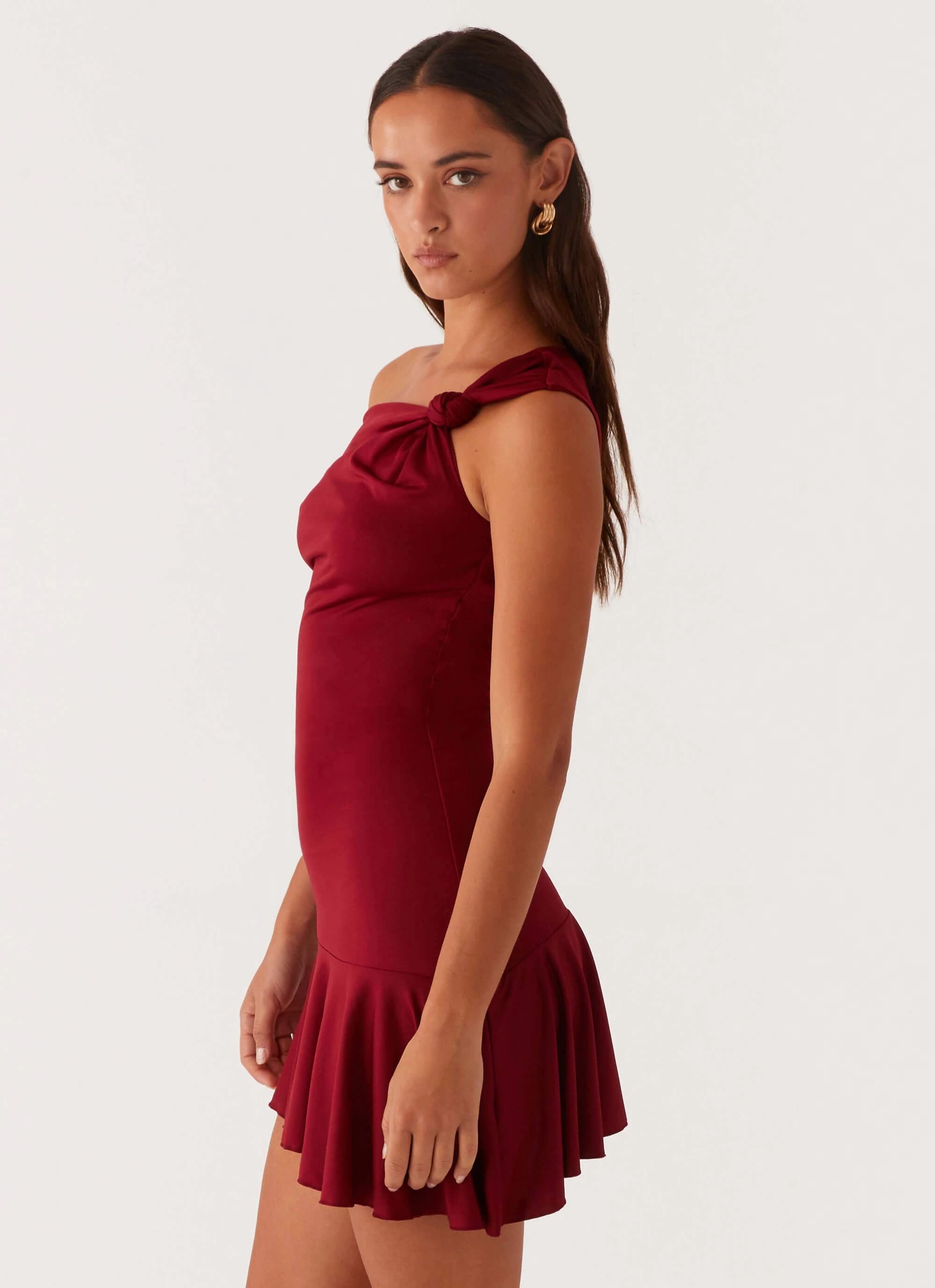 Amaya Twist Mini Dress - Maroon Sheer Overlay