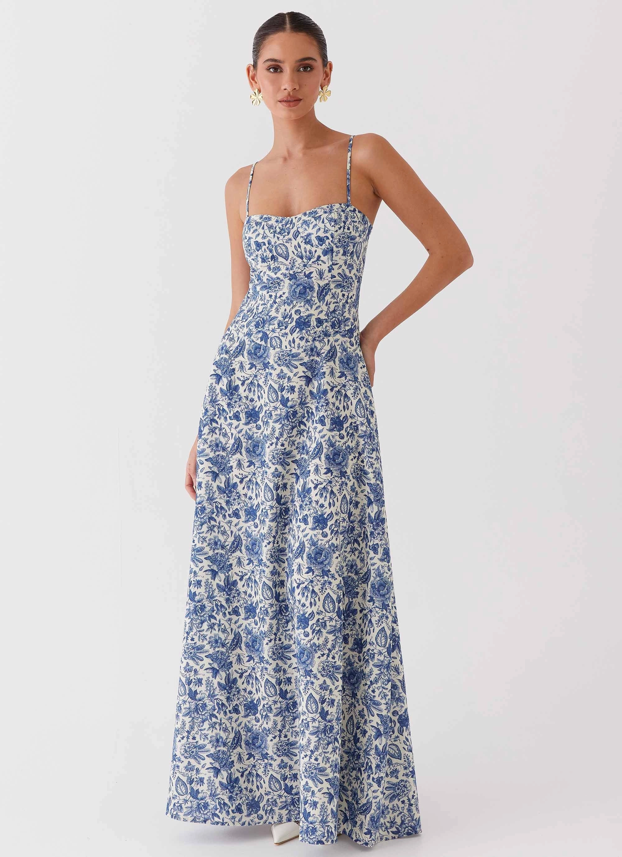 Metallic-Shine Lazy Pick Angelina Linen Maxi Dress - Blue Paisley