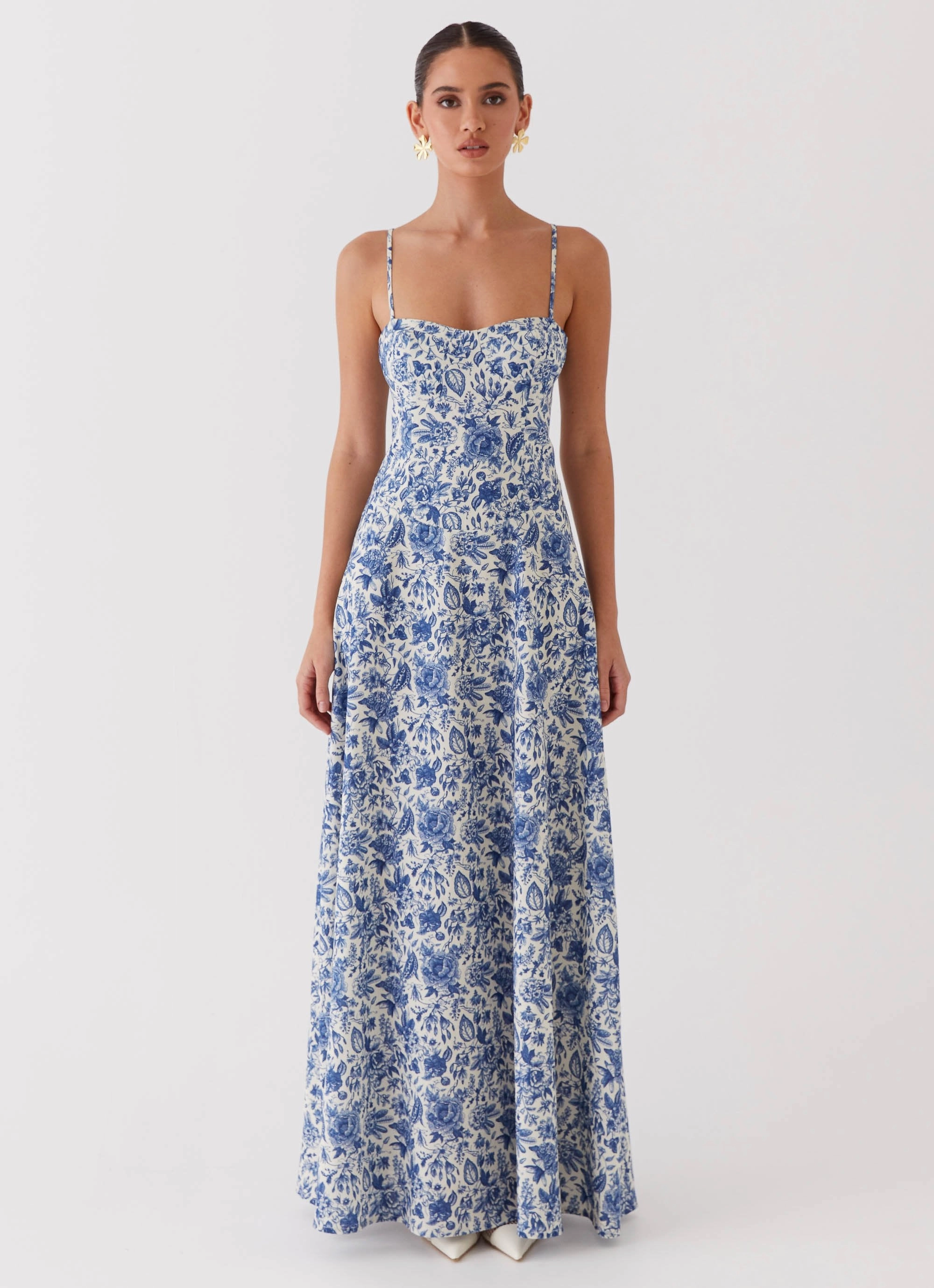 Elegant Waistband Fit Angelina Linen Maxi Dress - Blue Paisley
