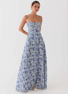 Matte-Lining Chic Ensemble Angelina Linen Maxi Dress - Blue Paisley