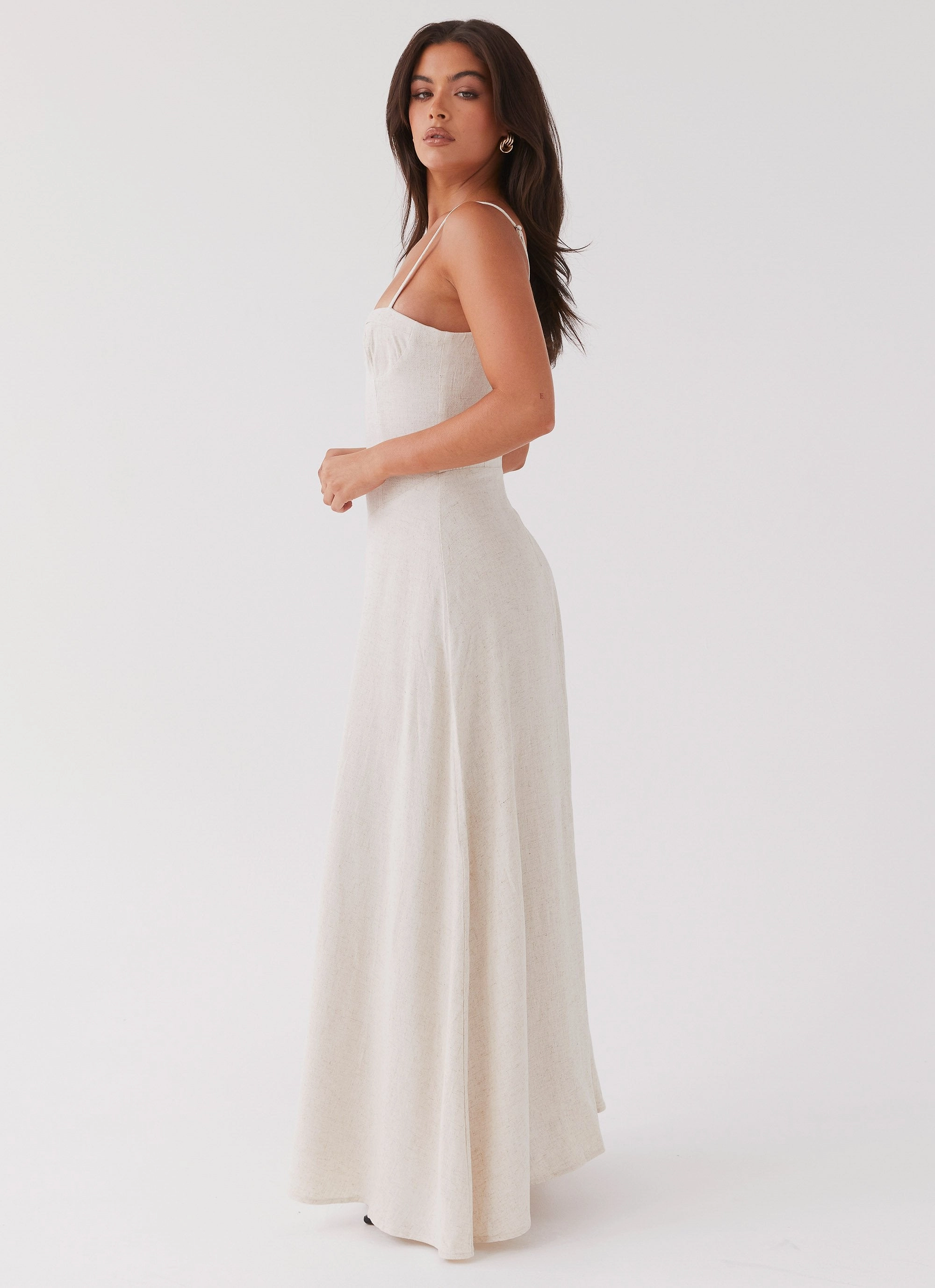 Angelina Linen Maxi Dress - Oatmeal Evening Tone Relax Style