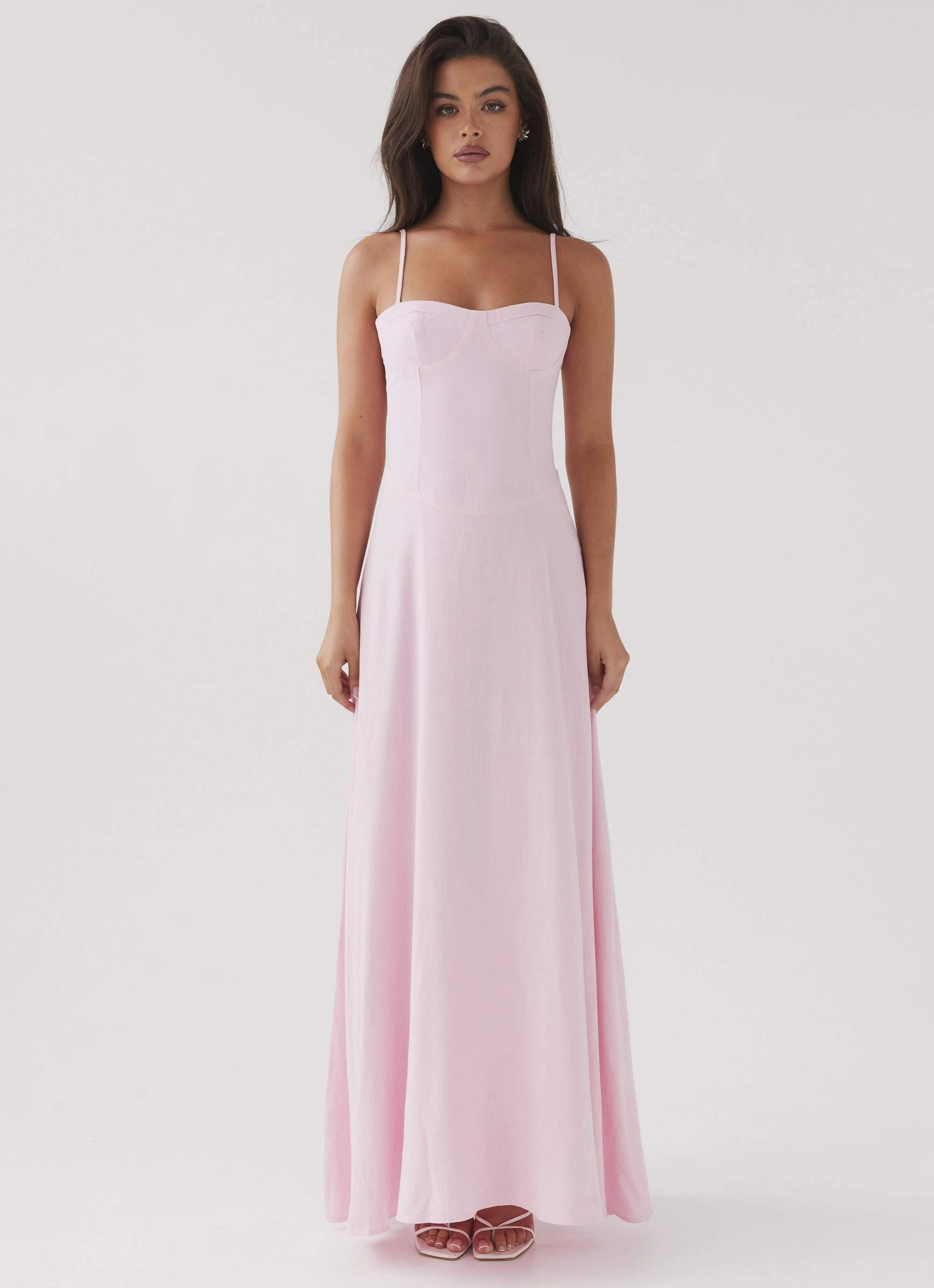 Angelina Linen Maxi Dress - Pink Petal Cozy Drape Adjustable-Straps