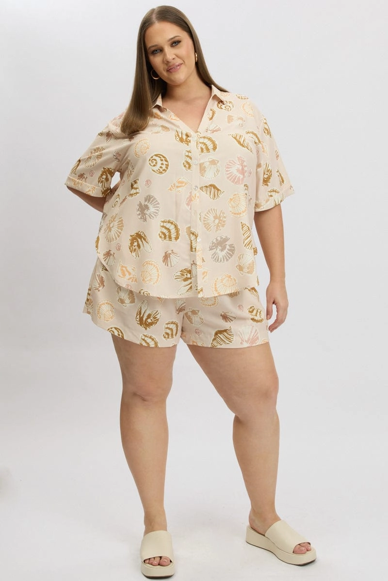 Beige Abstract Relaxed Shirt Short Sleeve Linen Blend Active Layering Anti Odor Treatment