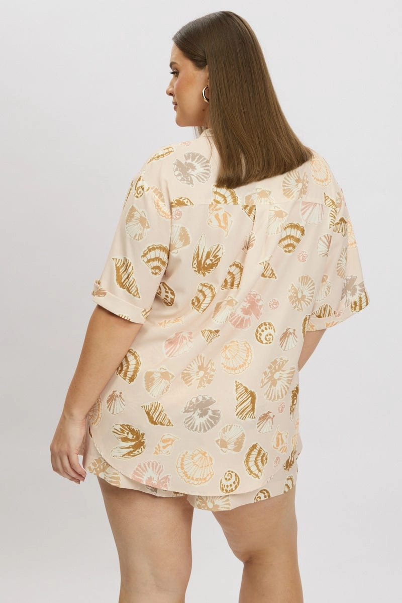 Contemporary Look Beige Abstract Relaxed Shirt Short Sleeve Linen Blend