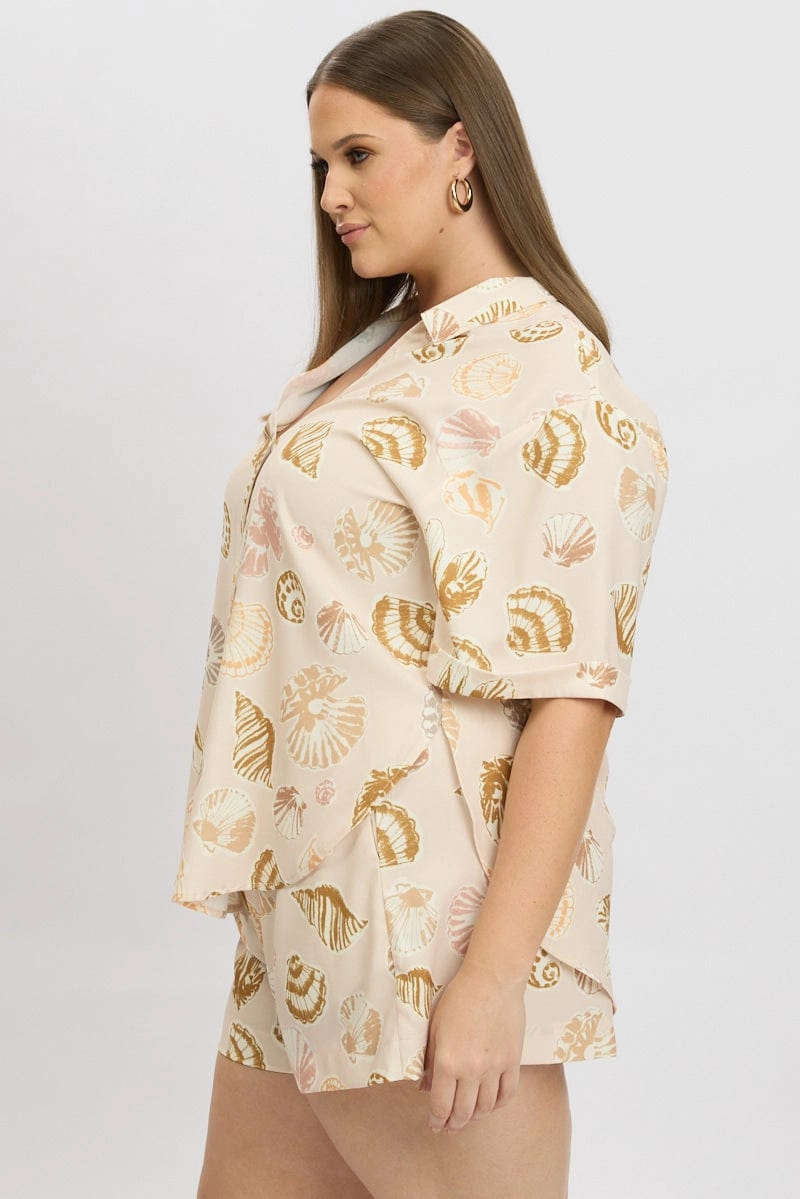 Beige Abstract Relaxed Shirt Short Sleeve Linen Blend UV Protective Fabric Anti Odor Treatment