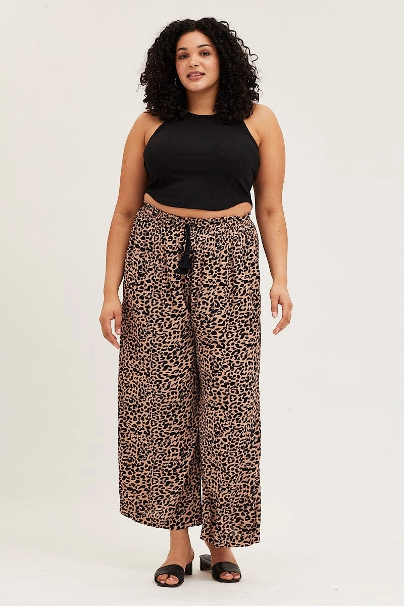 Animal Print High Rise Wide Leg Pants Hiking Gear Elastic Fit