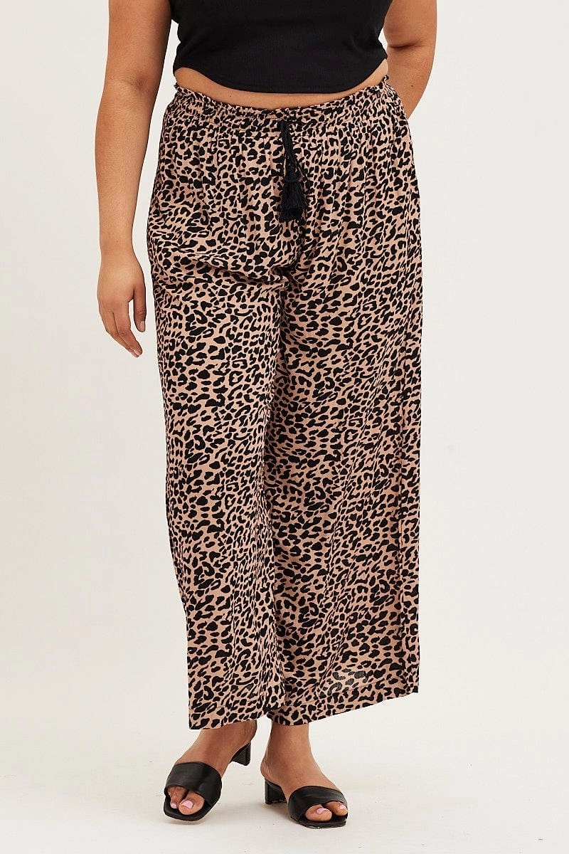 Animal Print High Rise Wide Leg Pants ReinforcedKnees Effortless Comfort