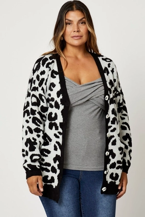 Animal Print Knit Cardigan Long Sleeve Longline Advanced Layering System