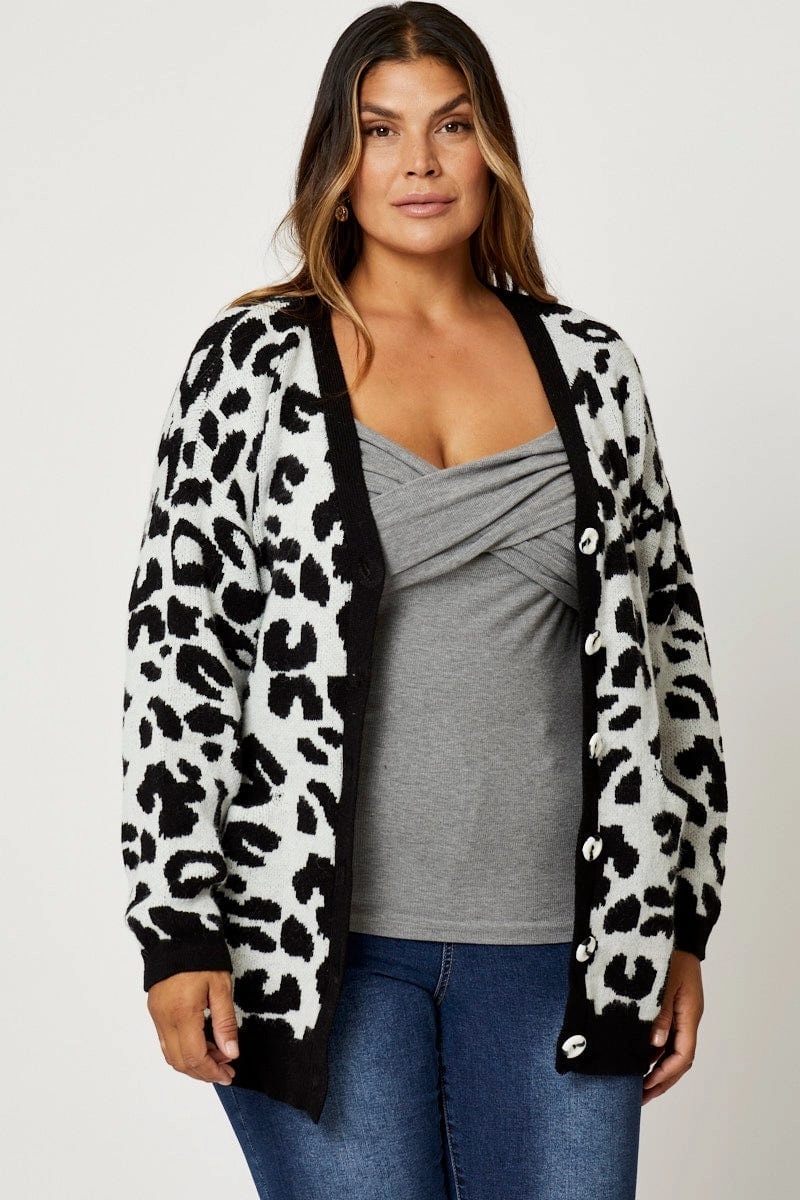 Animal Print Knit Cardigan Long Sleeve Longline Advanced Layering System