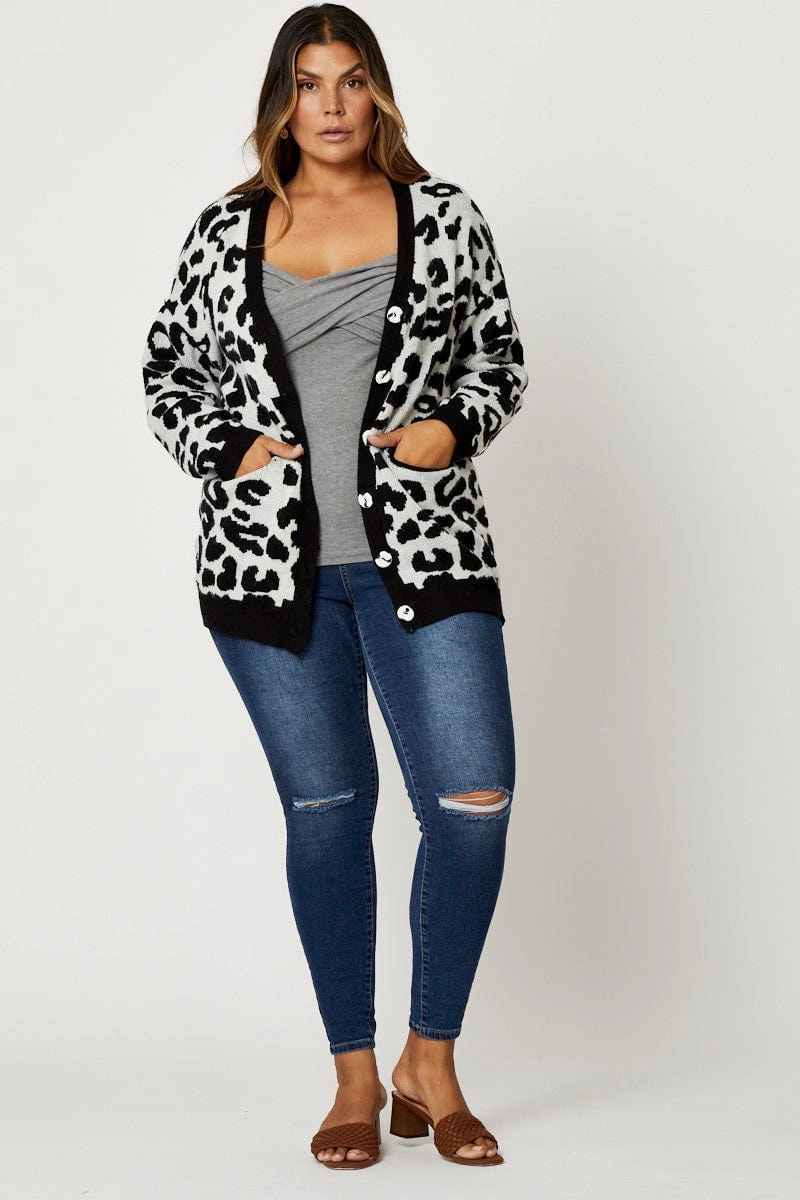 Down Stuffed Animal Print Knit Cardigan Long Sleeve Longline
