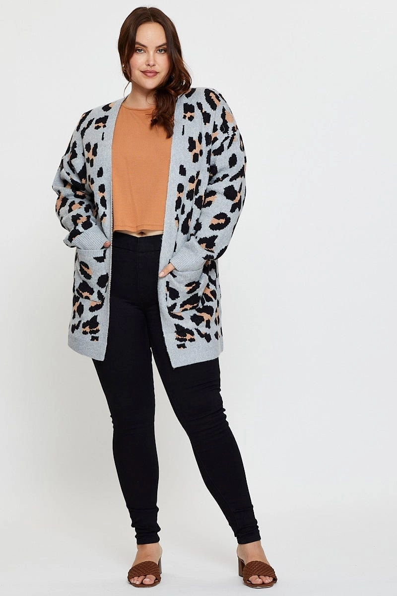 Animal Print Knit Cardigan Long Sleeve Longline Weekend Style