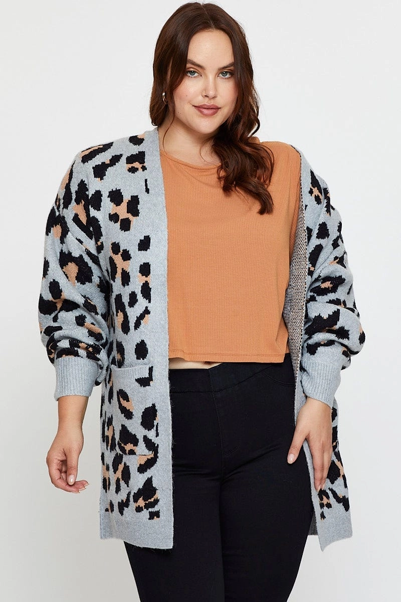 Easy Care Finish Weatherproof Zippers Animal Print Knit Cardigan Long Sleeve Longline