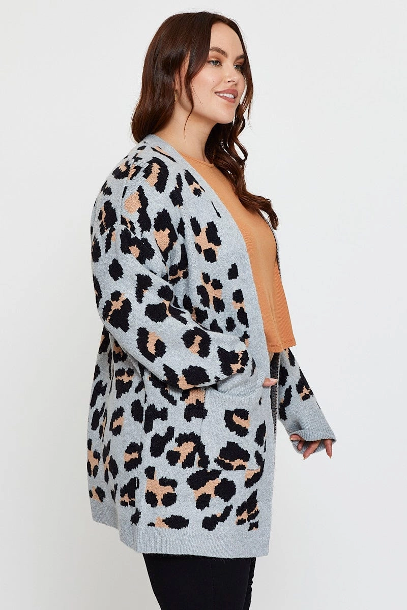 Puffer Design SoftshellMaterial Animal Print Knit Cardigan Long Sleeve Longline