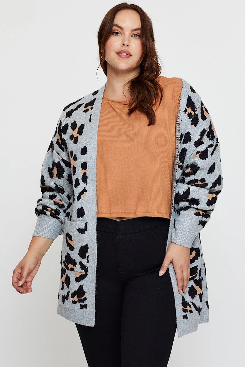 Crisp Detail Animal Print Knit Cardigan Long Sleeve Longline