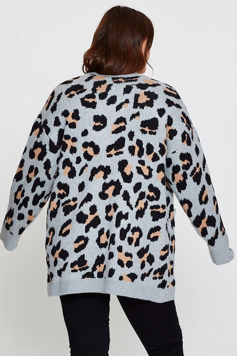 Shrink resistant Animal Print Knit Cardigan Long Sleeve Longline