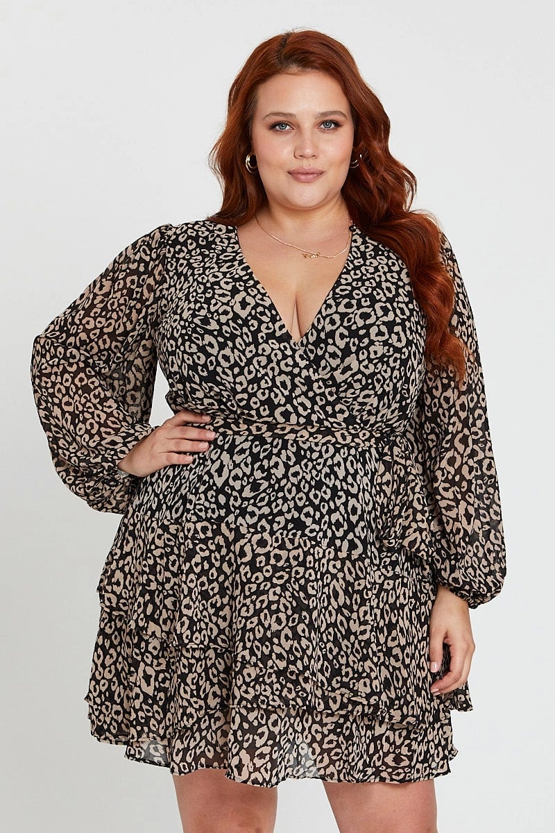 Animal Print Long Sleeve Frill Hem Leopard Skater Dress Breathable Style