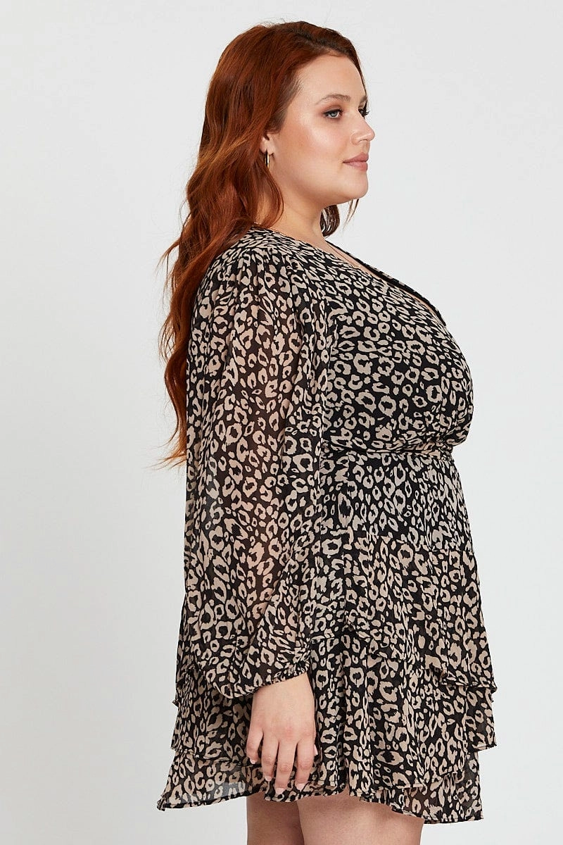 Pure Shape Animal Print Long Sleeve Frill Hem Leopard Skater Dress
