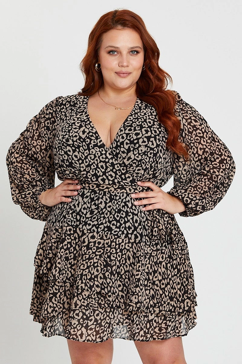 Animal Print Long Sleeve Frill Hem Leopard Skater Dress Photo Bright Vintage Vibe