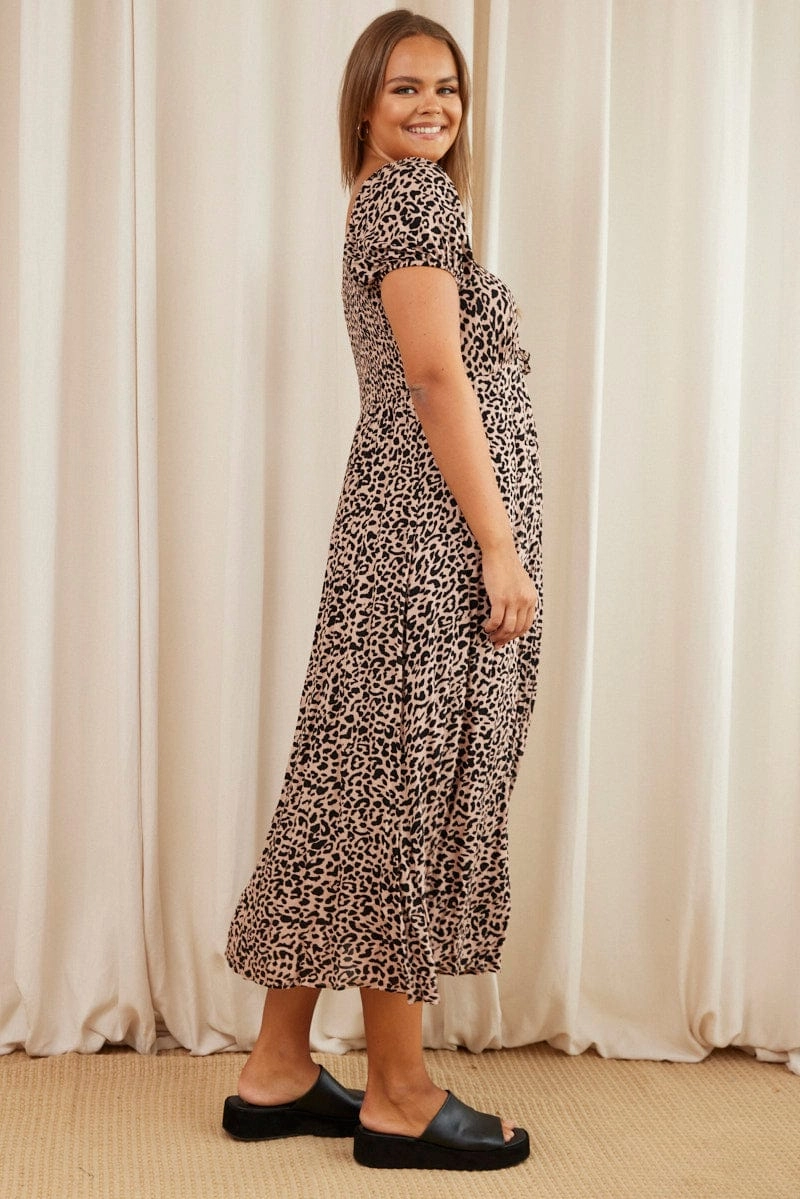 Inner Glow Lawn Soft Animal Print Maxi Dress Scoop Neck Short Sleeve