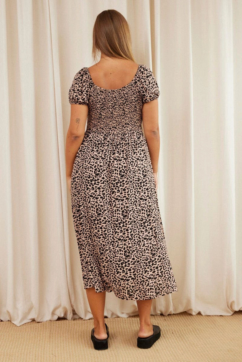 Animal Print Maxi Dress Scoop Neck Short Sleeve Easy Flow
