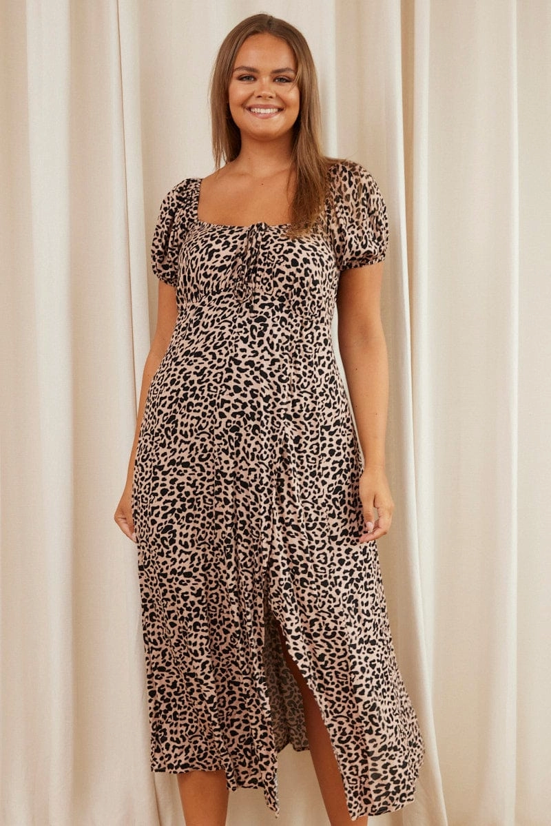 Animal Print Maxi Dress Scoop Neck Short Sleeve HypoallergenicFiber