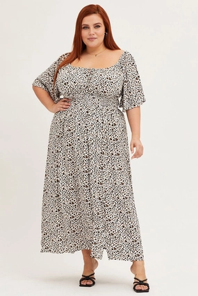 Dinner Outfit HypoallergenicFiber Animal Print Short Sleeve Midi Dress