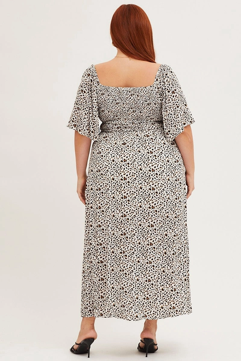 Hook-And-Eye Animal Print Short Sleeve Midi Dress